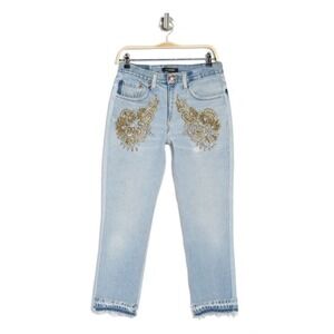 NEW Le Superbe Raw‎ Hem Jeans 28 * OOAK Made LA NWT Gold Gems Sparkly Denim